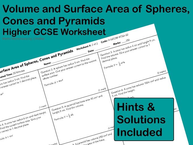 GCSE Maths Worksheet: Volume and Surface Area of Spheres, Cones and Pyramids - Higher Tier