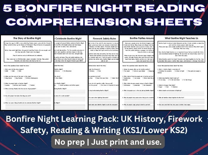 Bonfire Night Reading Comprehension KS1 | Guy Fawkes & Firework Safety Worksheets | last minute prep