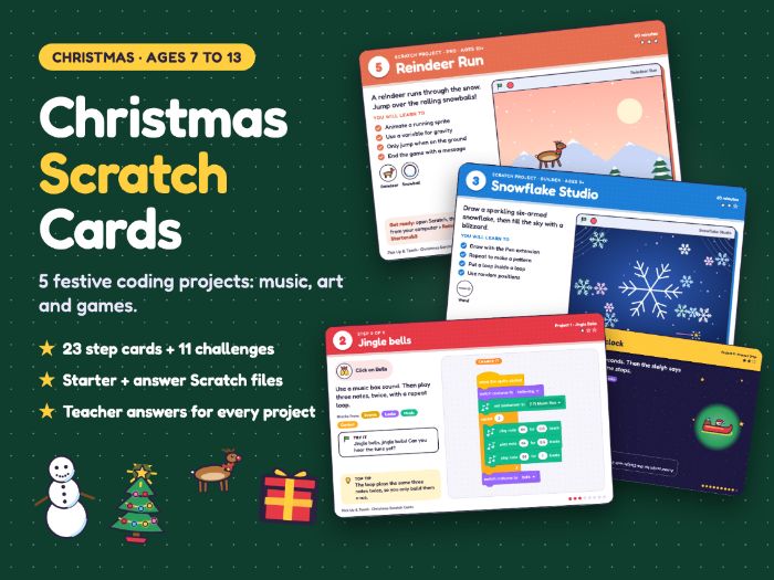 Christmas Scratch Coding Cards x5: Step-by-Step Projects + Answer Files | KS2 & KS3 | Ages 7-13