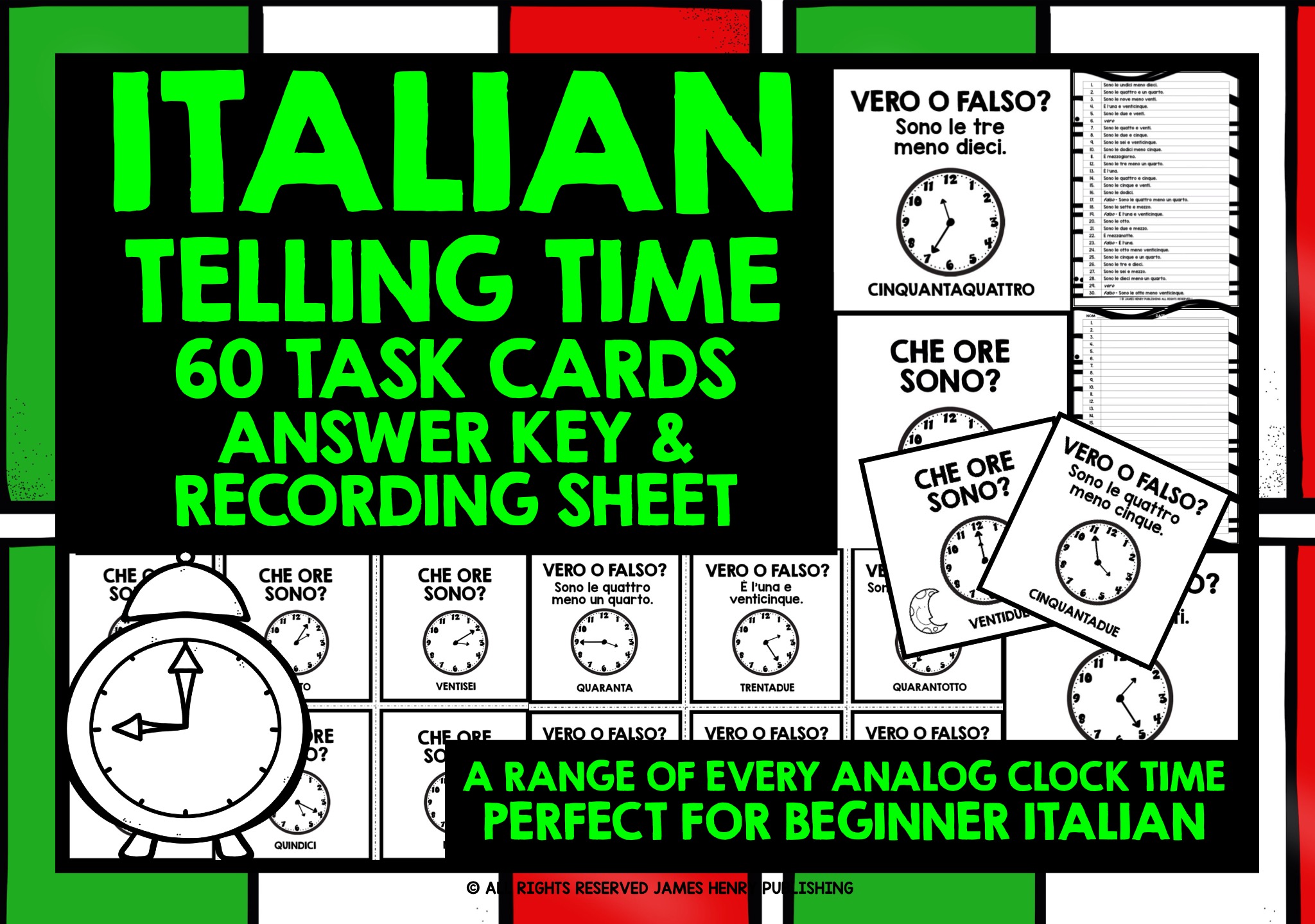 ITALIAN TELLING TIME TASK CARDS RANGE OF ANALOG CLOCK TIMES | Teaching ...