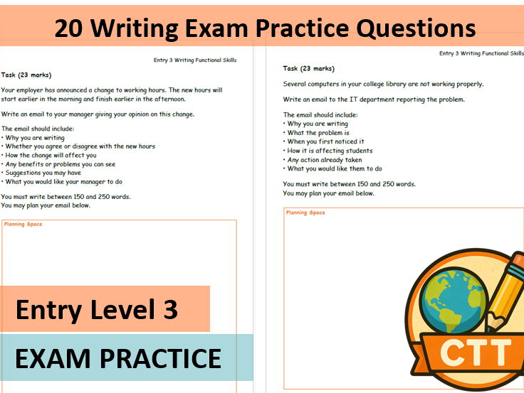 Entry Level 3 English Functional Skills Writing Practice Pack – 20 Exam-Style 23-mark Questions