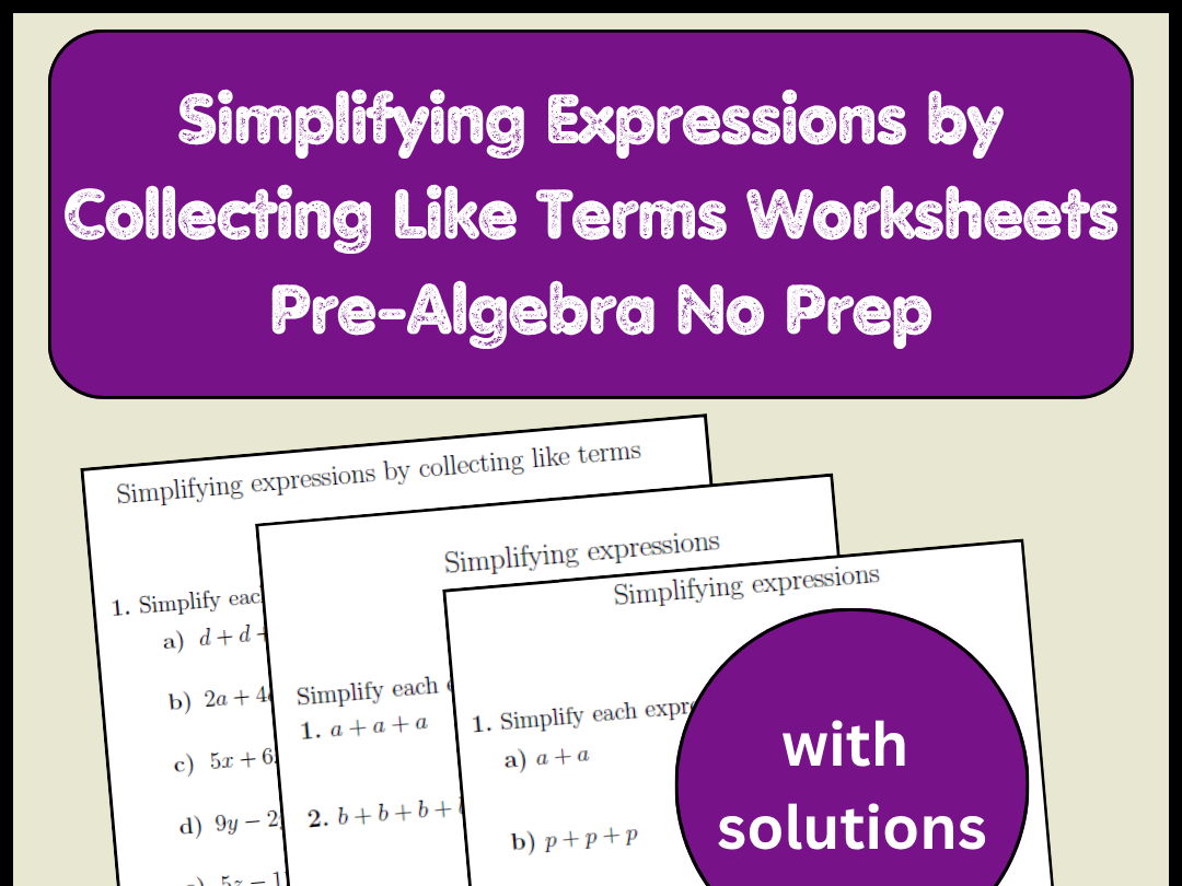 Simplifying Expressions by Collecting Like Terms Worksheets | Pre-Algebra No Pre