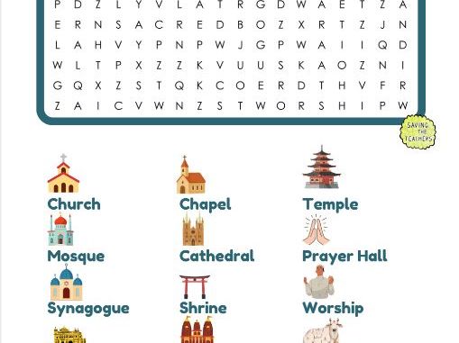 Places of Worship Word Search with Illustrations | RE Activity (Ages 7–9)