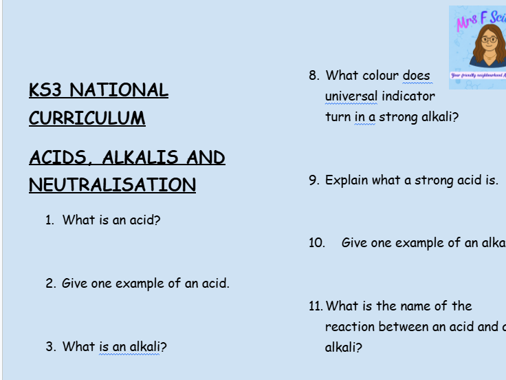 KS3 Chemistry: Acids, Alkalis and Neutralisation – 30 Question Retrieval Worksheet