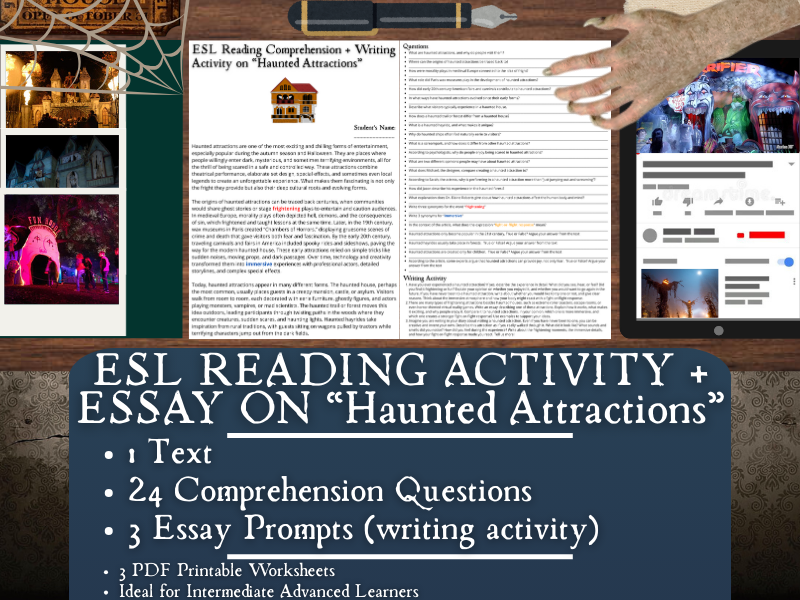 ESL Reading Comprehension + Writing Activity Worksheets on Haunted Attractions