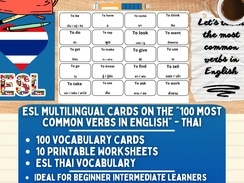 ESL Multilingual Vocabulary Flashcards - 100 most common verbs - Thai
