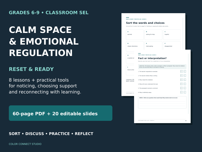 Calm Corner & Emotional Regulation Activities | Middle School SEL | Grades 6-9