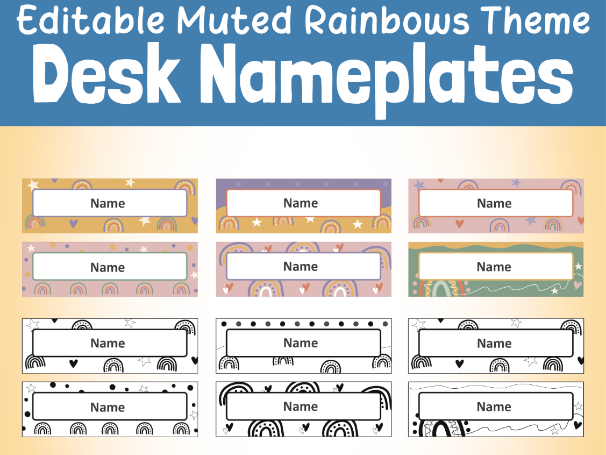 Editable Muted Rainbows Theme Desk Nameplates