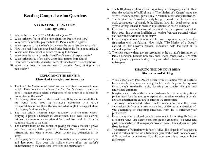 The Mother of a Queen by Ernest Hemingway with Reading Comprehension Questions
