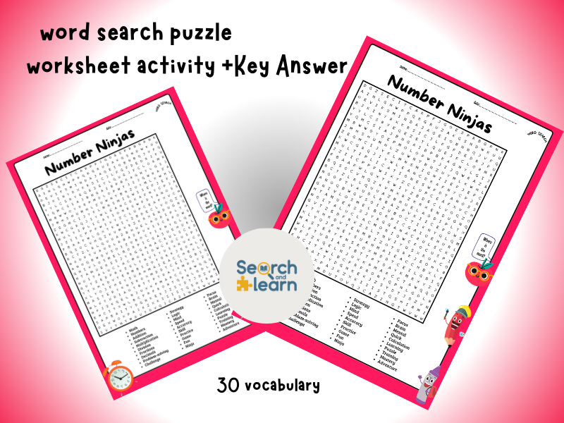 Number Ninjas Word Search Puzzle Worksheet + Answer Key