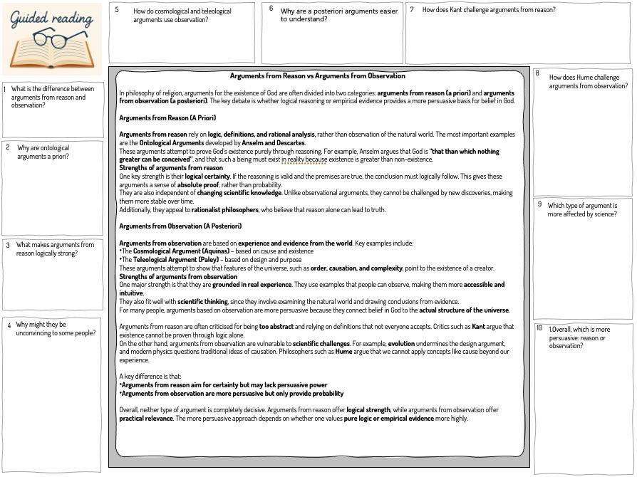 A-Level Religious Studies Existence of God - Arguments base on reason Guided reading