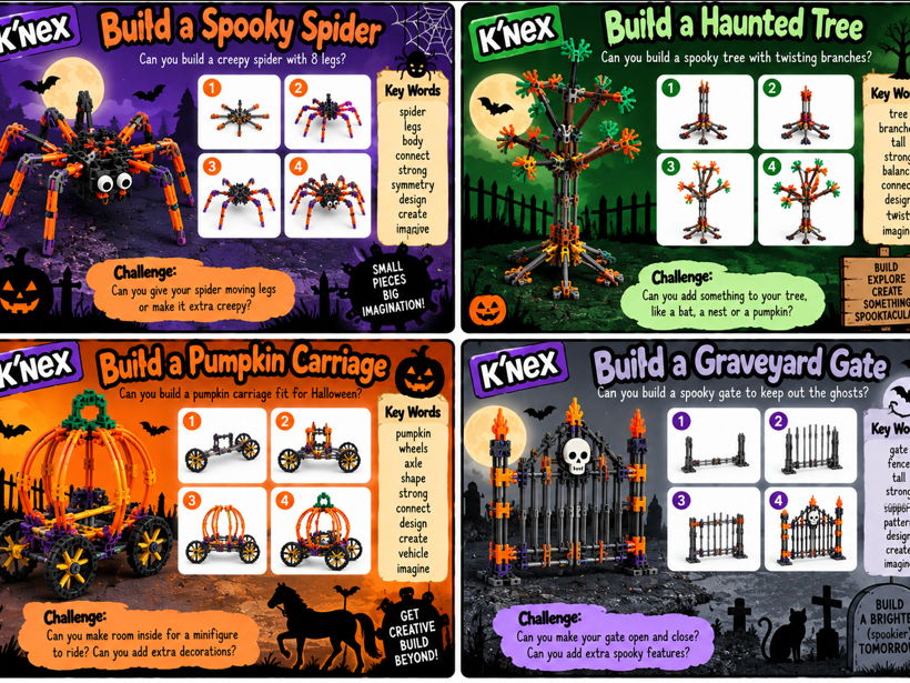 Halloween themed Build Challenge Cards for Lego, K'nex and Makedo