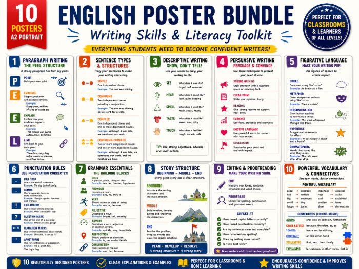 English Poster Bundle – Writing Skills & Literacy Toolkit