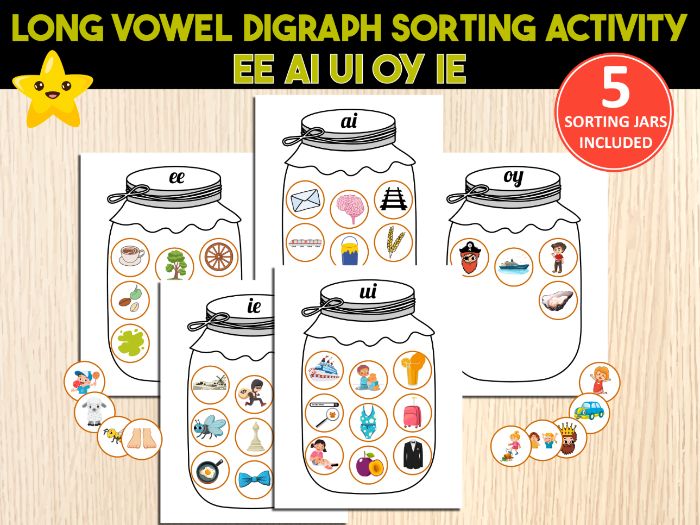 Printable Vowel Digraph Sorting Activity Jars | Long Vowels ee ie oy ai ui