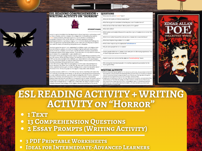 ESL Reading Comprehension + Writing Activity Worksheets on "Horror"