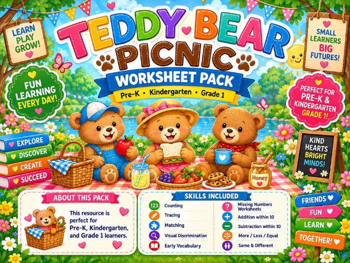 Teddy Bear Picnic Worksheets Pre-K to 1st Grade | Math, Tracing, Counting & Matching