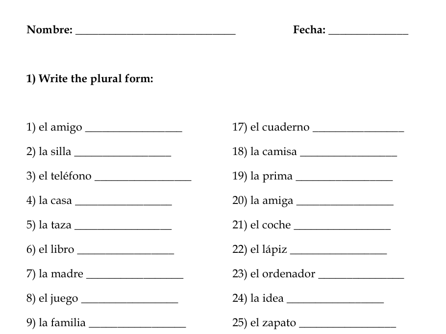 Singular and Plural Number in Spanish Worksheets