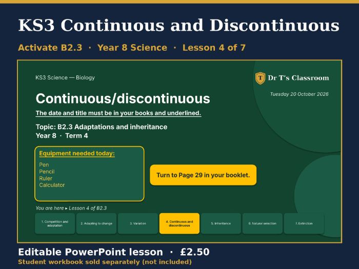 KS3 Activate B2.3 Adaptations and Inheritance: Continuous and Discontinuous