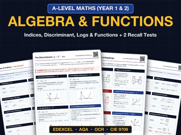 A-Level Maths Algebra & Functions Revision Cheat Sheets + Recall Tests (6-Sheet Pack)