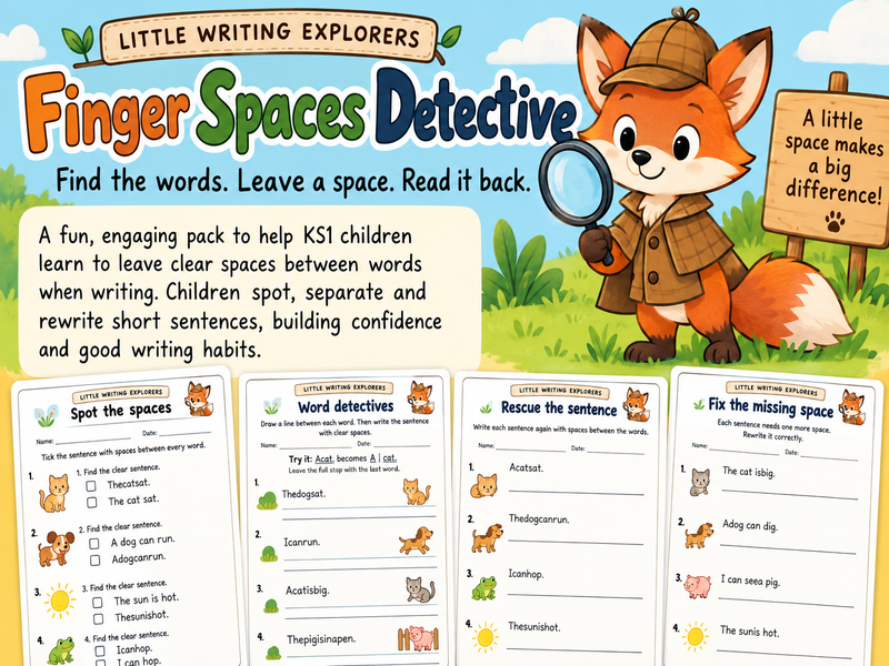 Finger Spaces Detective | Year 1 Sentence Writing & Word Spacing Worksheets | KS1