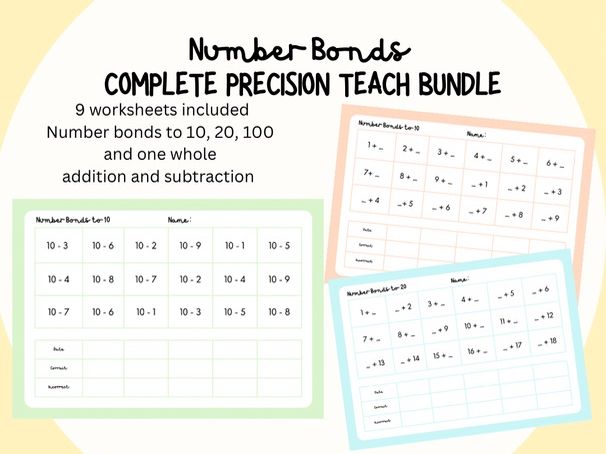 Precision Teaching Number Bonds Practice | Bonds to 1, 10, 20 & 100 | Daily fluency sheets