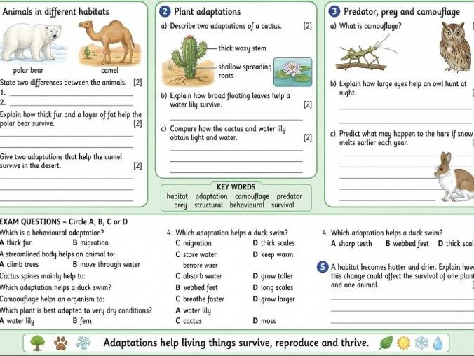 Adaptation and Survival Worksheet - KS3 Science