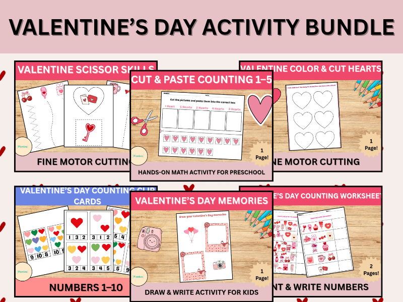 Valentine’s Day Activity Bundle | Math, Scissor Skills & Fine Motor Fun
