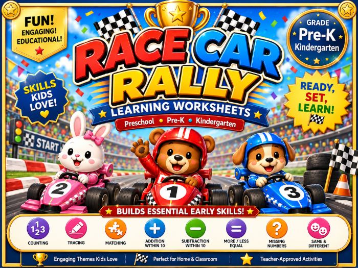 Race Car Worksheets for Pre-K & Kindergarten | Math, Counting, Tracing & Matching Activities