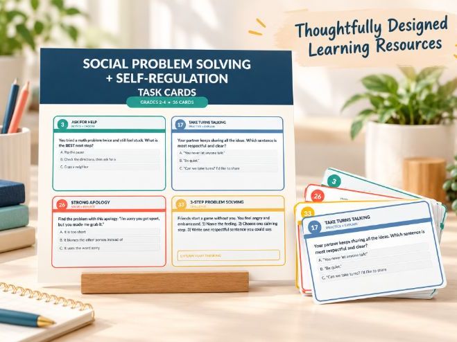 Social Problem Solving Task Cards: Self-Regulation SEL Activities for Grades 2–4, Printable PDF