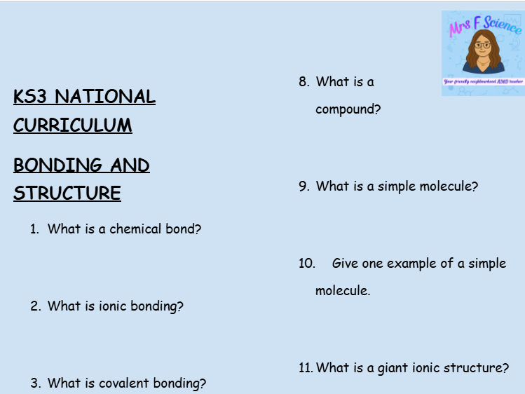 KS3 Chemistry: Bonding and Structure – 30 Question Retrieval Worksheet