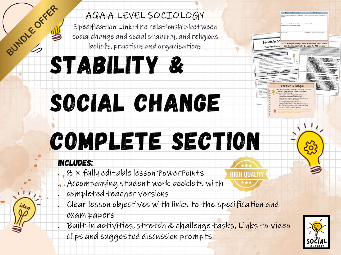 AQA A level Sociology - Beliefs in Society - Stability & Social change - Complete section - Bundle