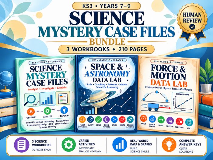 KS3 Science Investigation Bundle | Science Mystery, Space, Force & Motion | Years 7–9 | 210 Pages