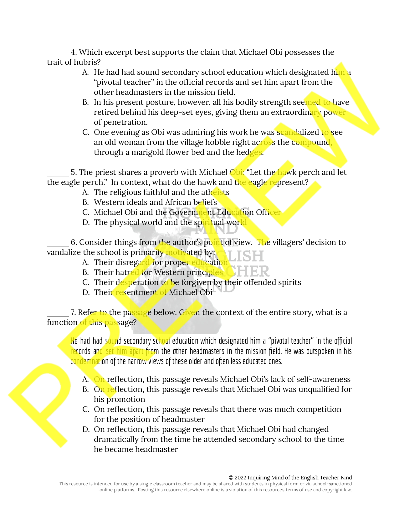 "Dead Men's Path" by Chinua Achebe Close Reading Worksheet Teaching