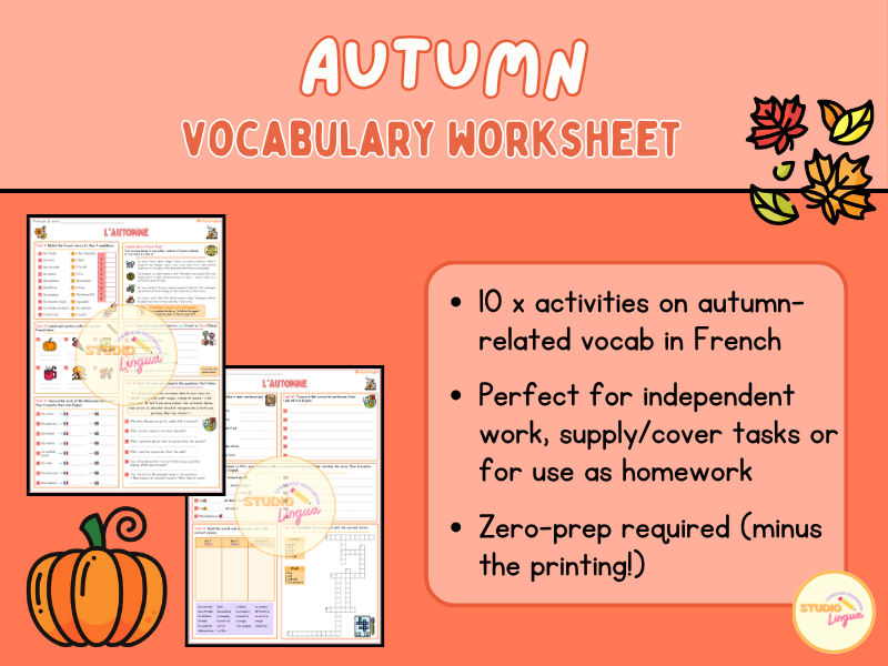 French Autumn Vocabulary Worksheet | KS2 KS3 | Print & Go Seasonal French Activities