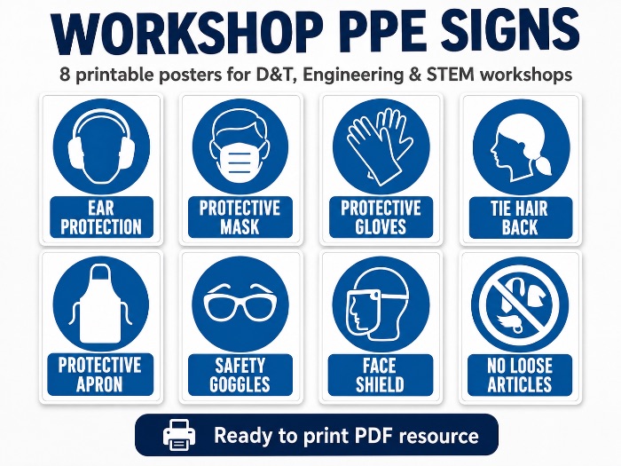 PPE Workshop Safety Signs | Design & Technology & Engineering | 8 Posters