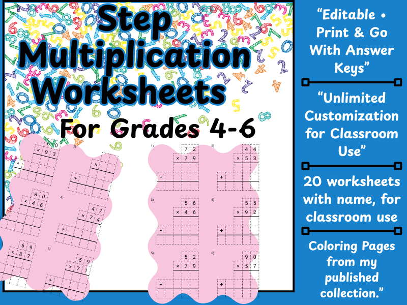 STEM Step Multiplication Worksheets for Grades 4-6-“Editable • Print & Go • With Answer Keys”