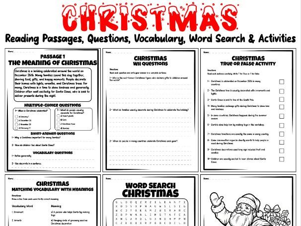 Christmas Reading Passages, Questions, Vocabulary, Word Search & Activities
