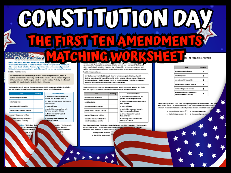 US Constitution Preamble Worksheet & Activity | Goals of Government Civics Lesson