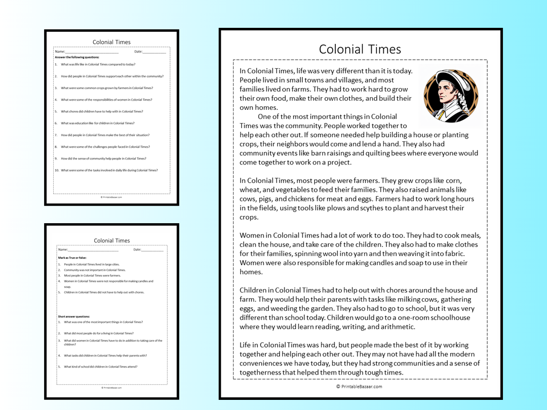 Colonial Times Reading Comprehension Passage Printable Worksheet ...