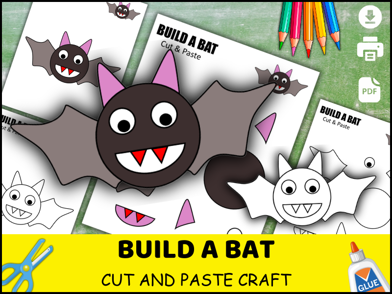 Bat Craft for Kids, Halloween Cut and Paste Activity, Preschool Coloring Worksheet, Spooky Classroom