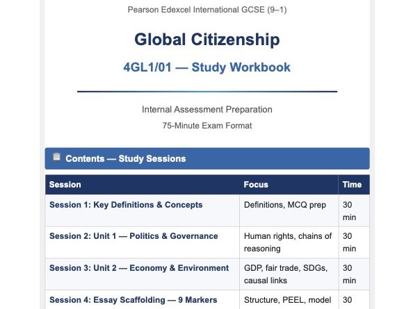 Global Citizenship IGCSE Revision Workbook | 7 × 30-Minute Sessions | Edexcel 4GL1 | Essays, MCQs &