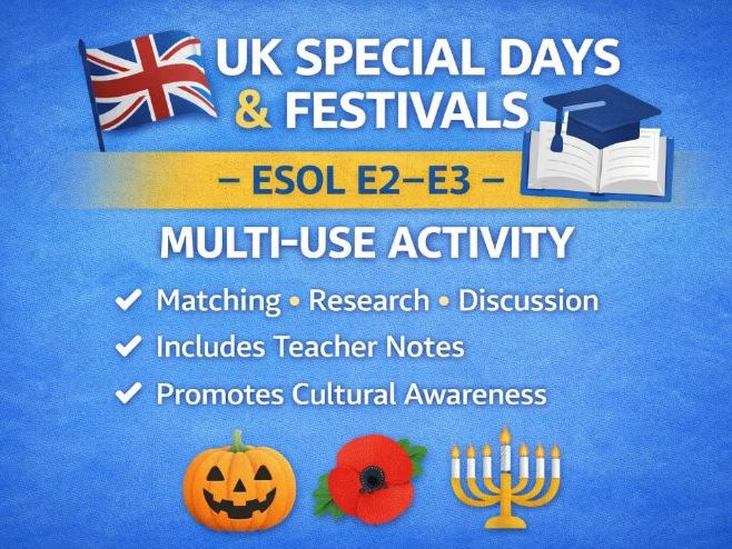 UK Special Days & Festivals – ESOL E2–E3 Multi-Use Activity (with Teacher Notes)