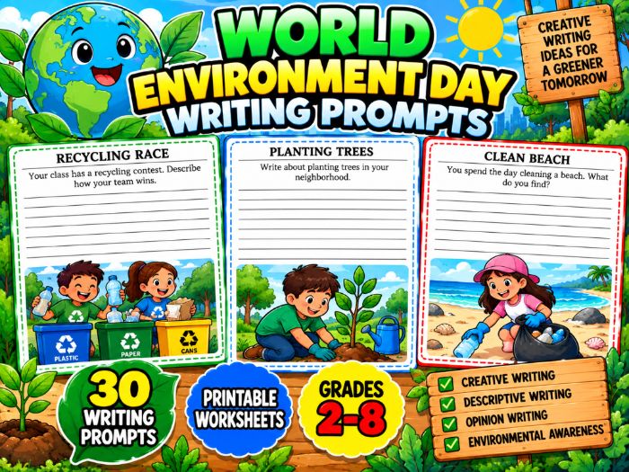 World Environment Day Writing Prompts | 30 Printable Worksheets for Grades 2–8