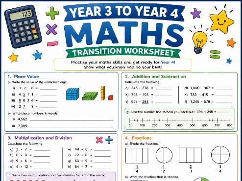 Year 3 to Year 4 Maths Transition Worksheet | End of Year Maths Revision | KS2 Summer Learning |