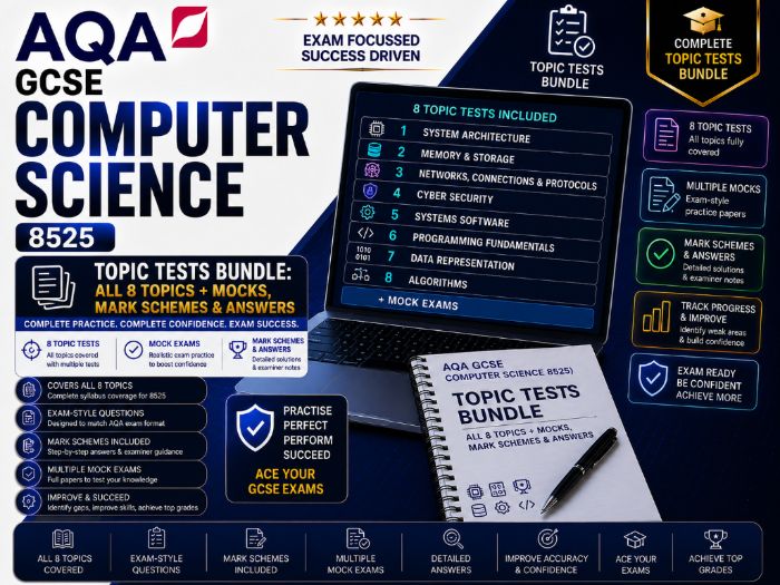 AQA GCSE Computer Science 8525 Topic Tests Bundle: All 8 Topics + Mocks, Mark Schemes & Answers