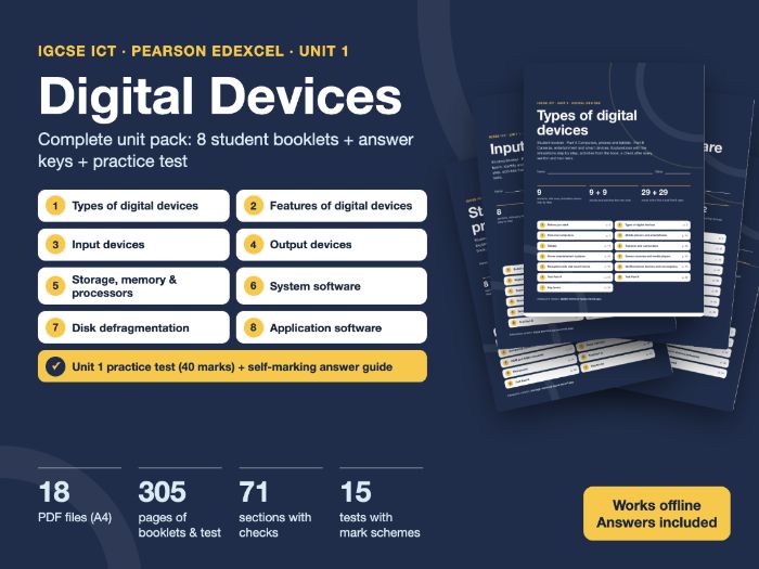 Pearson Edexcel International GCSE ICT Unit 1 Digital Devices in eight print-ready student booklets