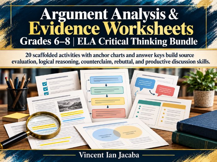 Argument Analysis & Evidence Worksheets | Grades 6–8 ELA Critical Thinking Bundle