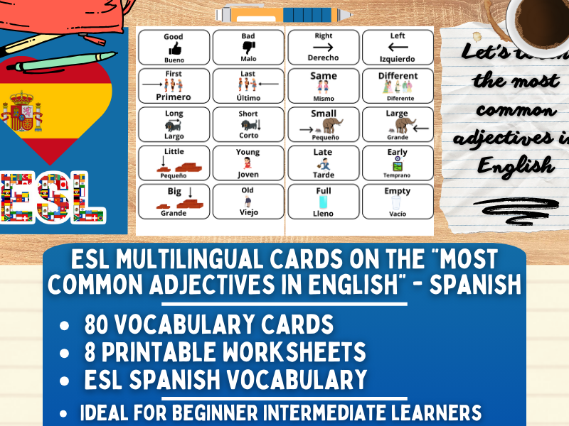 ESL Multilingual Vocabulary Flashcards - most common adjectives - Castillian Spanish