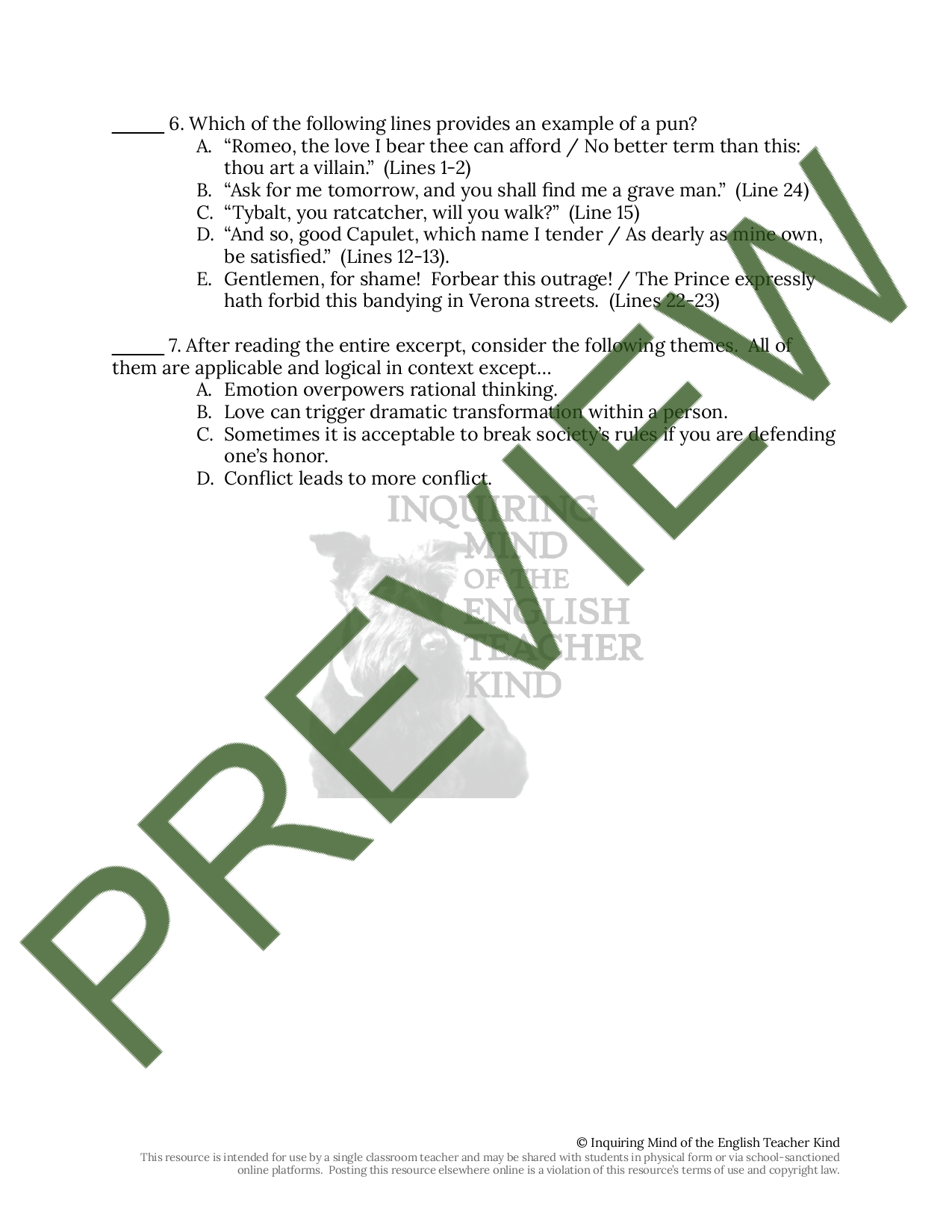 Romeo and Juliet Act 3 Scene 1 Close Reading Worksheet | Teaching Resources