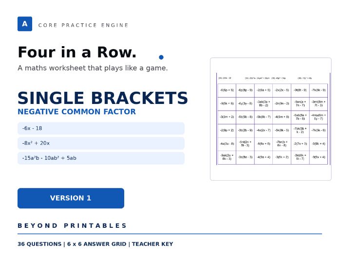 Expanding and Factorising Single Brackets Four in a Row | -6x-18 | Level 19 Version 1 | Maths Game